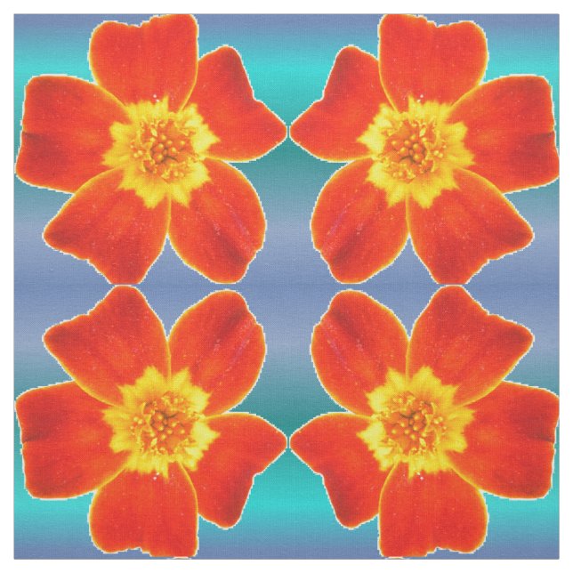 Red Orange Marigold Flower Blue Background Pattern Fabric (Swatch)