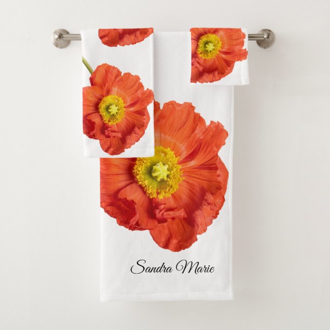 Red Orange Modern Poppies Poppy Flower Bath Towel Set (Insitu)