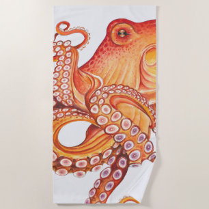 Red Orange octopus Watercolor Art Beach Towel