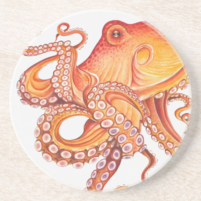 Red Orange octopus Watercolor Art Coaster (Front)