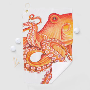 Red Orange octopus Watercolor Art Golf Towel