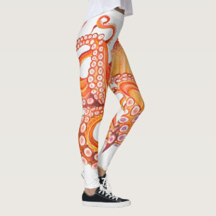 Red Orange Octopus Watercolor Leggings