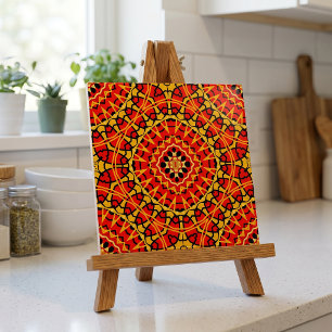 Red & Orange Oriental Boho Geometric Pattern Ceramic Tile