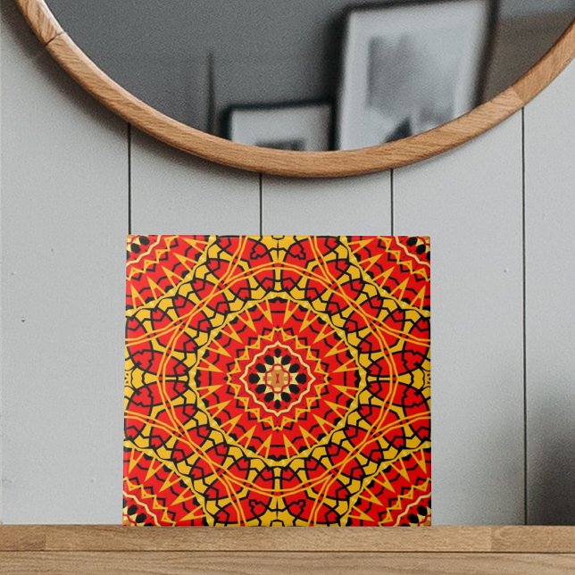 Red & Orange Oriental Boho Geometric Pattern Ceramic Tile (Creator Uploaded)