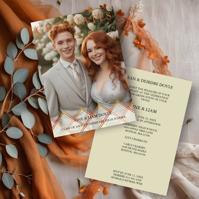 Red Orange Overlay Transparency Shapes Photo Grads Invitation (Red Orange Shades Overlay Transparency Shapes Photo Two Graduates Invitation.)