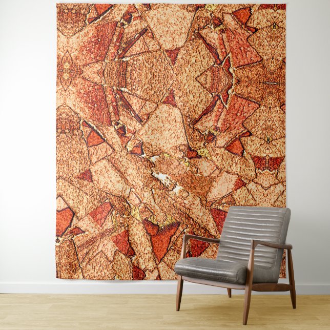 Red orange painted volcanic stone drawing tapestry (In Situ)