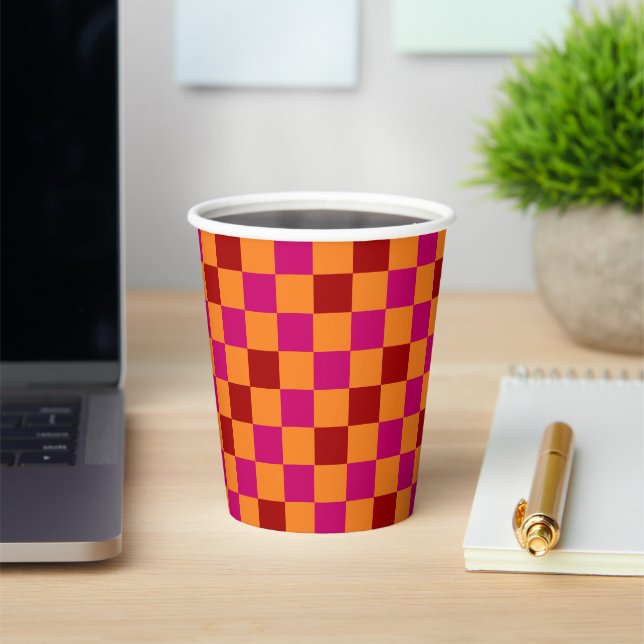 Red Orange Pink Checkered Pattern Design  Paper Cups (Insitu)