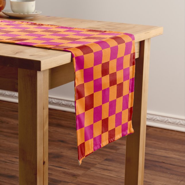 Red Orange Pink Chequered Pattern Design  Short Table Runner (In Situ)