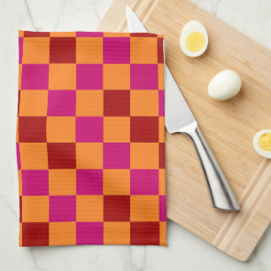 Red Orange Pink Chequered Pattern Design Tea Towel