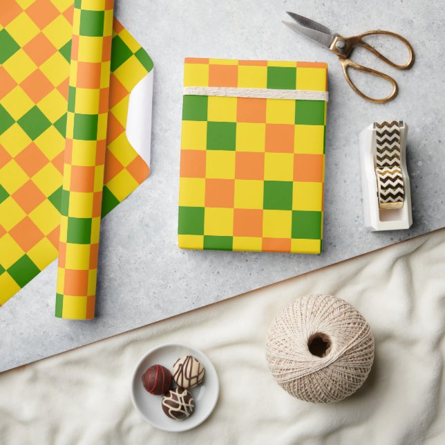 Red Orange Pink Chequered Pattern Design  Wrapping Paper (Crafts)