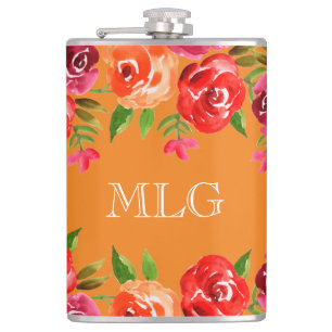 Red Orange Pink Flowers Hip Flask
