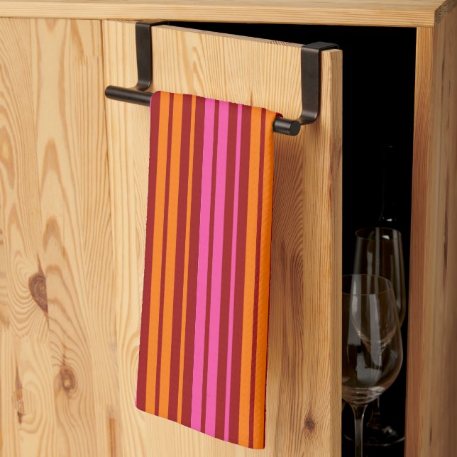 Red Orange Pink Vertical Stripes Design   Tea Towel (Thirds Fold)