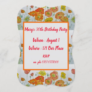 Red Orange Poppies Floral 40th Birthday Invitation