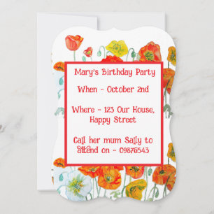 Red Orange Poppies Floral Girl Birthday Invitation
