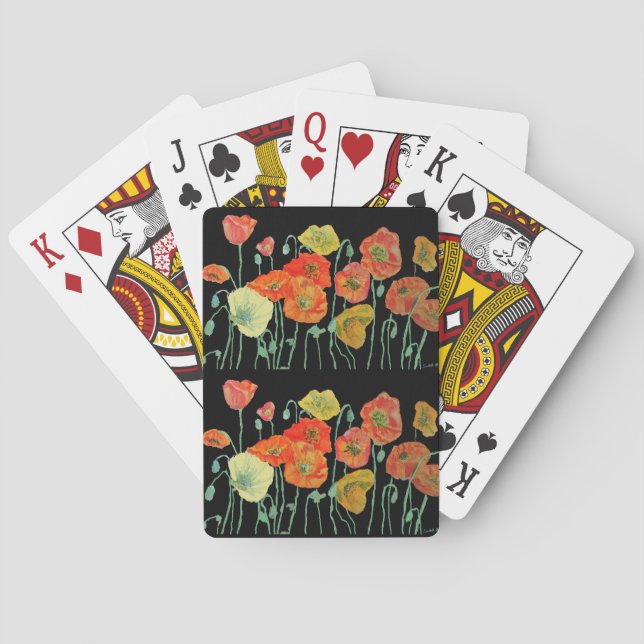 Red Orange Poppy Aqua Flower Playing Cards Set (Back)