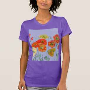 Red Orange Poppy floral Watercolor Purple Flower T-Shirt