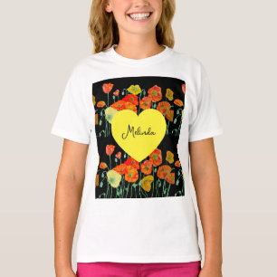Red Orange Poppy Flower Watercolor Girls Name T-Shirt