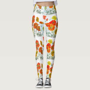 Red Orange Poppy Flower Watercolor Poppies Leggings