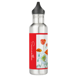 Red Orange Poppy Flower Watercolor Womans Name 710 Ml Water Bottle