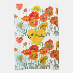 Red Orange Poppy Flower Watercolor Womans Name Tea Towel