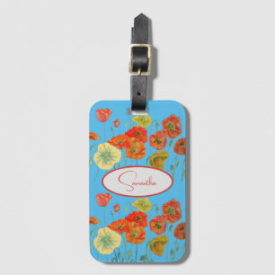 Red Orange Poppy Poppies floral Blue Girls Name Luggage Tag