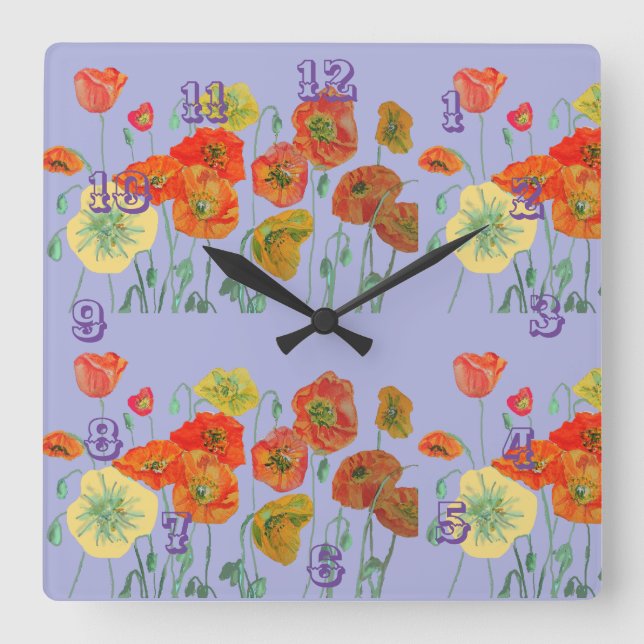 Red Orange Poppy Watercolor Pastel Purple Clock (Front)