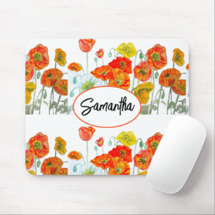 Red Orange Poppy Watercolour Flower Ribbon Mouse Pad