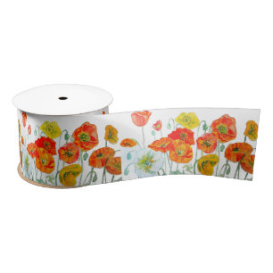 Red Orange Poppy Watercolour Flower Ribbon Satin Ribbon