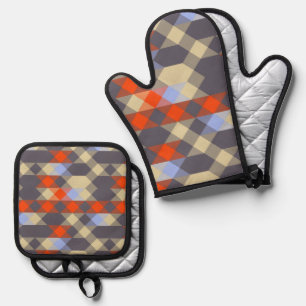 red orange purple blue and yellow geometric oven mitt & pot holder set
