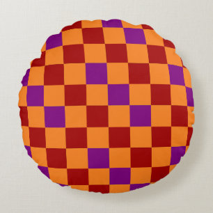 Red Orange Purple Checkered Pattern Design Round Cushion