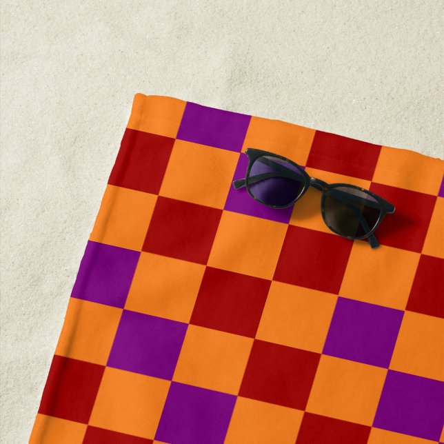 Red Orange Purple Chequered Pattern Design  Beach Towel (In Situ)