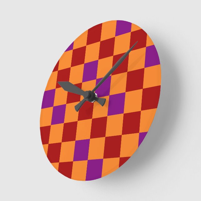 Red Orange Purple Chequered Pattern Design  Round Clock (Angle)