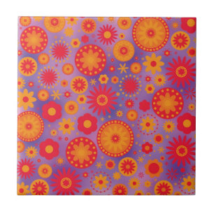 Red Orange & Purple Hippy Flower Pattern Ceramic Tile