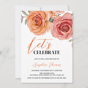 Red Orange Rose Floral Botanical Birthday Invitation