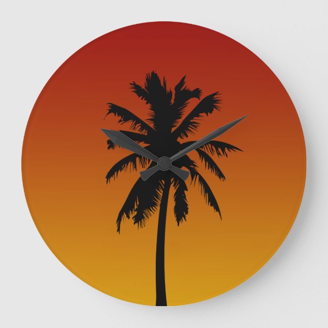 Red Orange Sunset Palm Tree Tropical Clock (Front)
