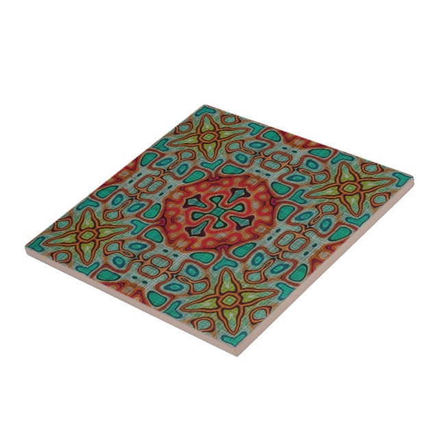 Red Orange Turquoise Blue Green Ethnic Tribe Art Ceramic Tile (Side)