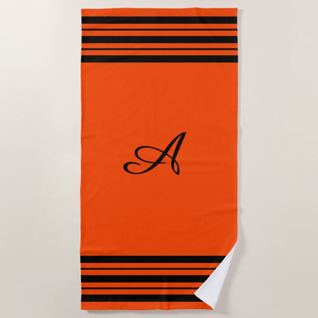 Red Orange w Black Stripes Bars Vertical Monogram  Beach Towel (Front)