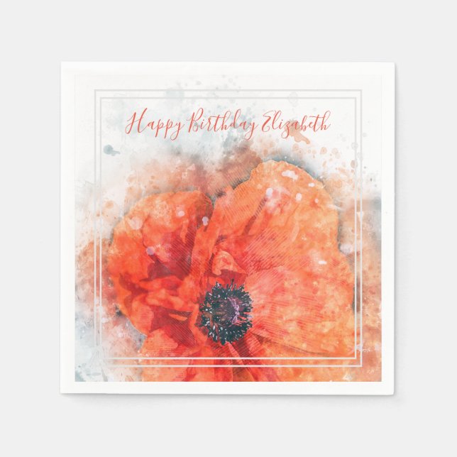 Red Orange Watercolor Poppy Flower Birthday Napkin (Front)