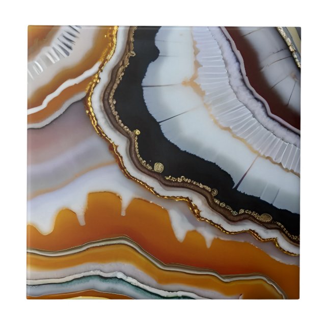 Red Orange White Black Blue Gold Agate Geode Ceramic Tile (Front)