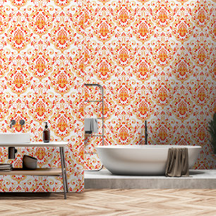 Red Orange White Damask Floral peel and stick Wallpaper