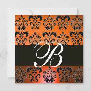 RED ORANGE YELLOW BLACK DAMASK MONOGRAM , white Invitation