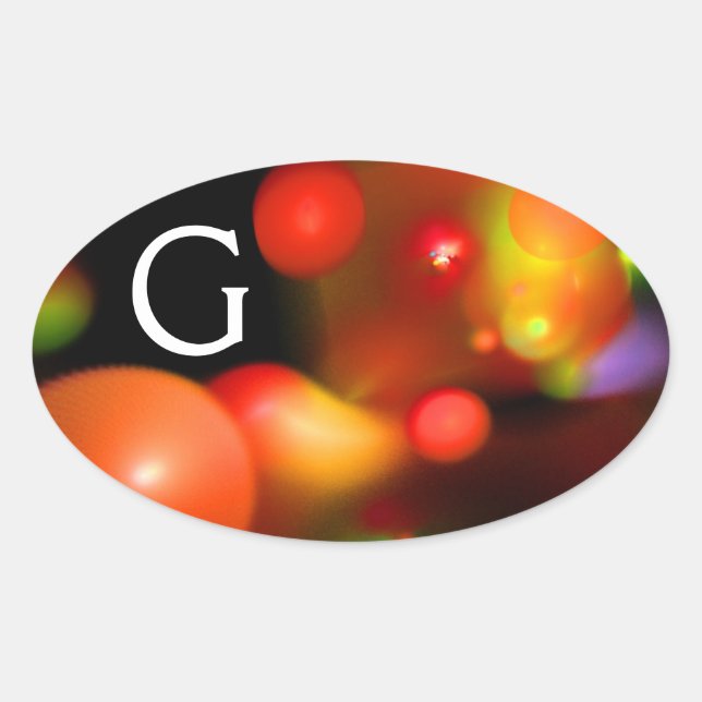 RED ORANGE YELLOW BLACK  FRACTAL BUBBLES MONOGRAM OVAL STICKER (Front)
