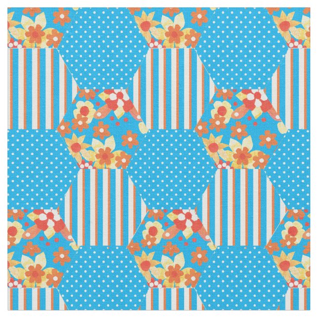 Red Orange Yellow Blue Faux Patchwork Pattern Fabric (Close Up)