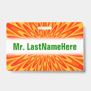 Red, Orange, Yellow Bursting Pattern + Custom Name ID Badge