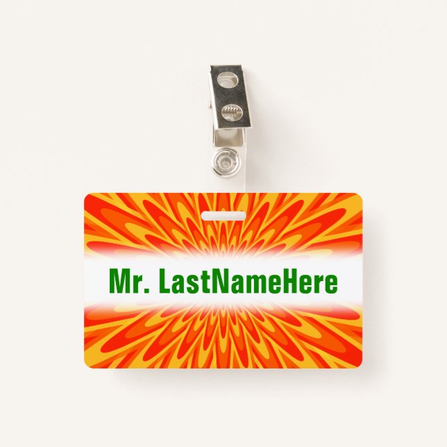 Red, Orange, Yellow Bursting Pattern + Custom Name ID Badge (Front with Clip)