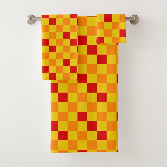 Red Orange Yellow Checkered Pattern Design  Bath Towel Set (Insitu)