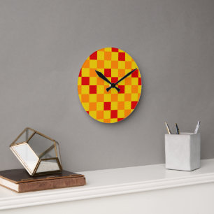 Red Orange Yellow Checkered Pattern Design  Round Clock