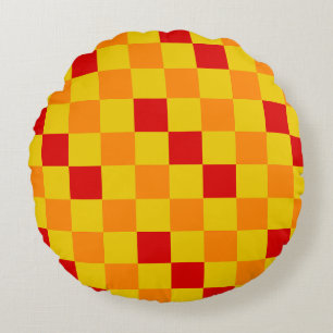 Red Orange Yellow Checkered Pattern Design Round Cushion