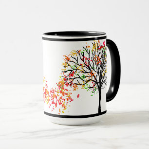 Red, orange, yellow falling leaves, black tree mug
