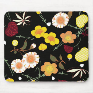 Red Orange Yellow Fine Japanese Floral Kimono Mouse Pad